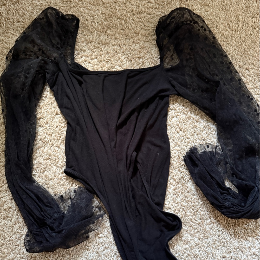 Elegant Polka Dot Black Lace Sleeve Bodysuit
